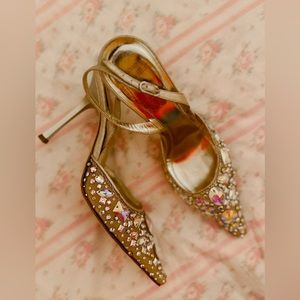 René Caovilla Iridescent Crystal and Gold mesh sling back heels 36.5